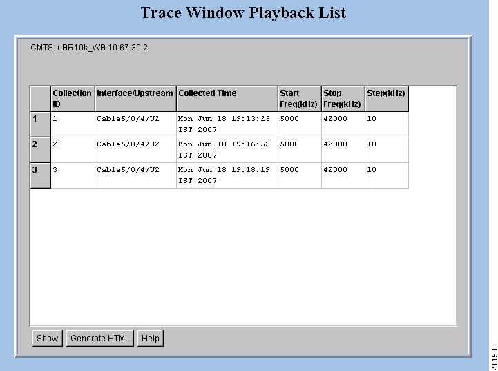 Figure 4-11 Trace Window Playback List Dialog Box Playing Back CNR Analysis To play back CNR analysis: Step 1 Step 2 From the Spectrum Tools menu, choose Data Playback > CNR Analysis.