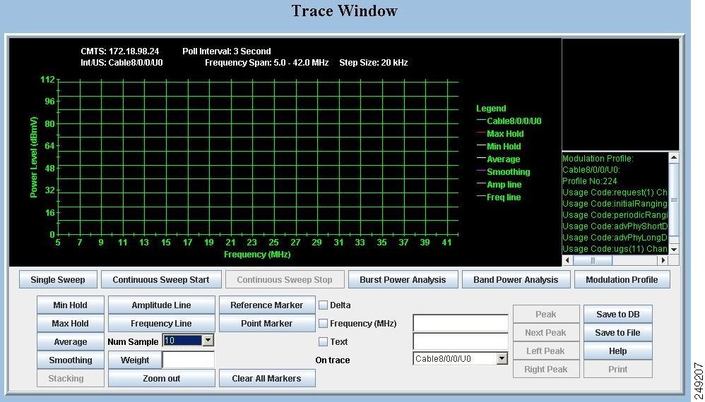 Using the Trace Window To monitor power and noise levels for a selected modem or upstream port, use the Trace Window.