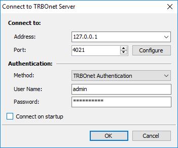 TRBOnet Dispatch), a connection dialog is displayed. Enter the required connection settings as explained below.
