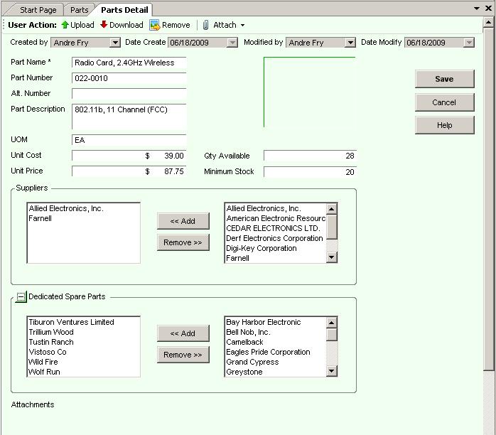 You may add/modify your Part information in a Parts Detail Form (See figure 21). To save your changes, you must click the Save button.