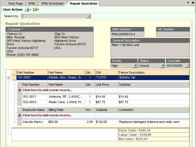 A Repair Quotation Form is displayed (See figure 34). Figure 34 To start a Repair Quotation Form, select an RMA from the Search By combo box. Entering a Repair Quotation Form 1.