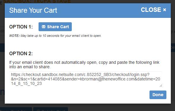 Upon selecting this option, a modal will pop up with 2 different options. Option 1 Share the Cart through an email client.