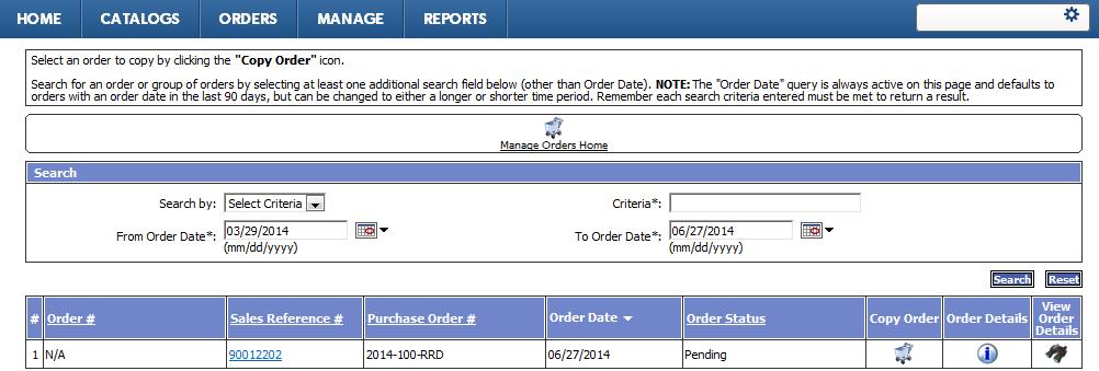 There are Search options to help locate an order if needed, clicking the Order Details icon (or the link on the Sales Reference #) can provide some order header details, line details, and information