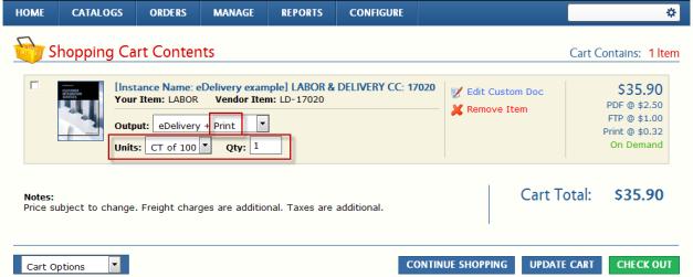 Fees will display for the different edelivery options (PDF and FTP) on the shopping cart page.