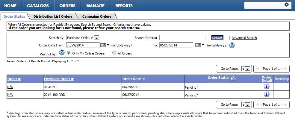 Figure 48: Selecting Order Status Home on the Order Confirmation Page, or selecting the Order Detail