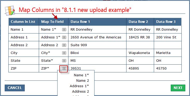 Step 6: Click the icon to open the mapping options dropdown. When the Column in List and Map to Field columns match, they will be auto-mapped for you (as the example above shows).