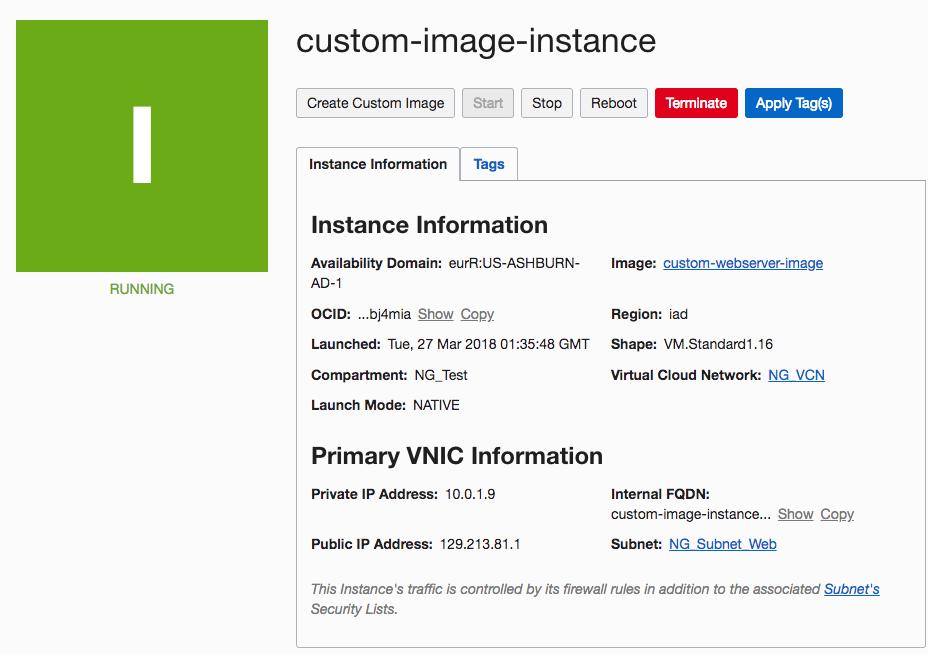 6. Click the instance name to see the public IP address of the instance. The Image field on the right side shows that this instance is based on the custom image that you created.