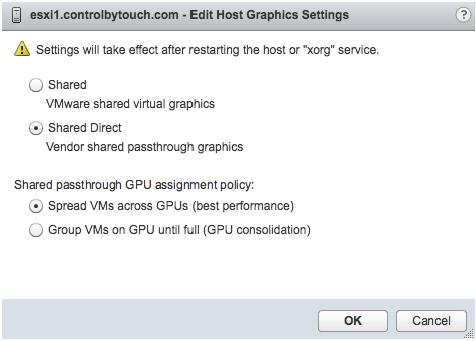 ESXi 6.x Host Installing the graphics card and configuring the ESXi host vary based on the type of graphics acceleration. Installing and Configuring the ESXi Host for vsga or vgpu 1.