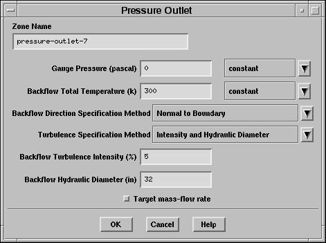 4. Set the boundary conditions for pressure-outlet-7, as shown in the panel below.