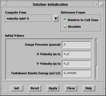 Step 5: Solution 1. Initialize the flow field using the boundary conditions set at velocity-inlet-5. Solve Initialize Initialize... (a) Choose velocity-inlet-5 from the Compute From list.