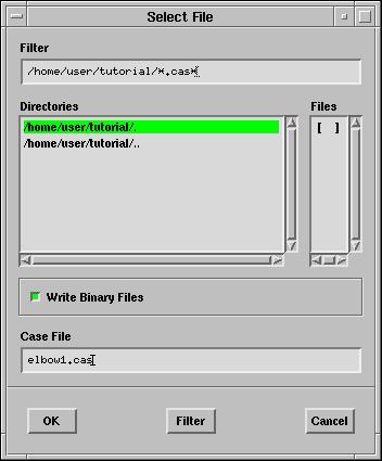 4. Save the case file (elbow1.cas). File Write Case... Keep the Write Binary Files (default) option on so that a binary file will be written. 5. Start the calculation by requesting 100 iterations.