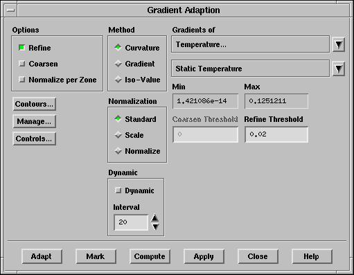 4. Adapt the grid in the regions of high temperature gradient. Adapt Gradient... (a) Select Temperature... and Static Temperature in the Gradients of drop-down lists.