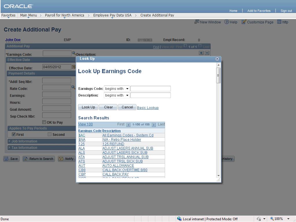 7. Select one of the Earnings Code from the