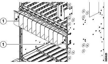 Performing Online Insertion and Removal of Fan Tray Figure 21: Location of Thumb Screws on Plastic Grill 1 Screws on either side of the plastic grill Step 3 Step 4 Remove the plastic grill from