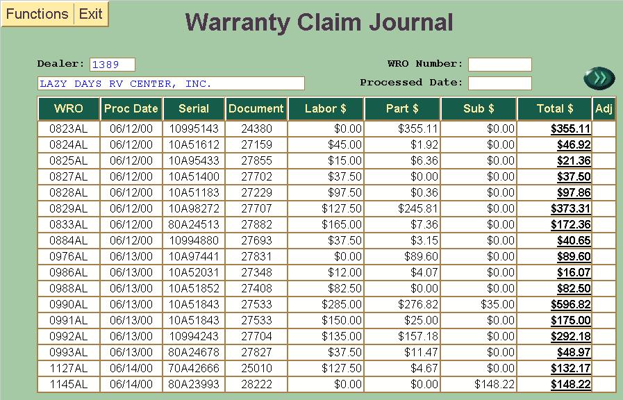 TO ACCESS THE WARRANTY CLAIM JOURNAL SCREEN: Click on Claim Information and Warranty Claim Journal on Warranty Menu Screen. A screen like the above will be displayed.