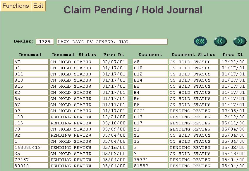 TO ACCESS THE CLAIM PENDING/HOLD JOURNAL SCREEN: Click on Claim Information and Claim Pending/Hold Journal on the Warranty Menu Screen. A screen like the above will be displayed.