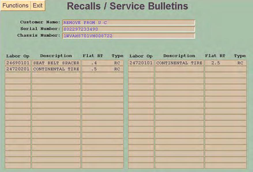 TO ACCESS THE RECALLS/SERVICE BULLETINS SCREEN: Click on Vehicle Information and Recall/SB on the Warranty Menu Screen.