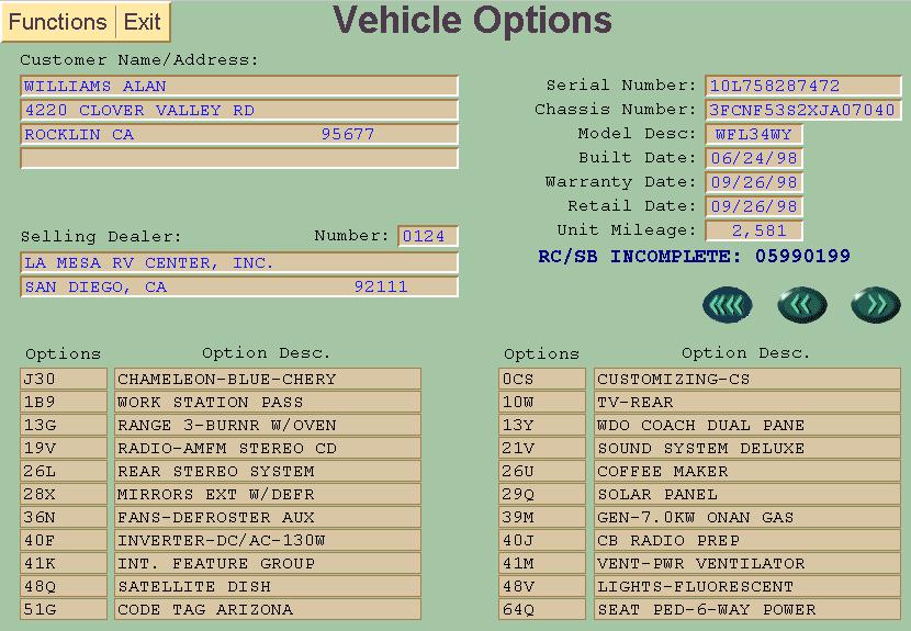 TO ACCESS THE VEHICLE OPTIONS SCREEN: Click on Vehicle Information and Vehicle Options on the Warranty Menu Screen.