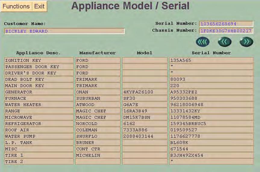 TO ACCESS THE APPLIANCE MDL/SERIAL SCREEN: Click on Vehicle Information and Appliance Model/Serial on the Warranty Menu Screen.