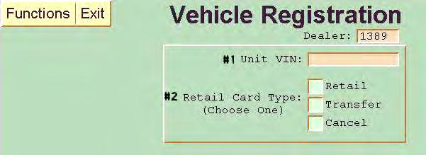 TO ACCESS THE VEHICLE REGISTRATION SCREEN: Click on Vehicle Information and Vehicle Registration Update on the Warranty Menu Screen.