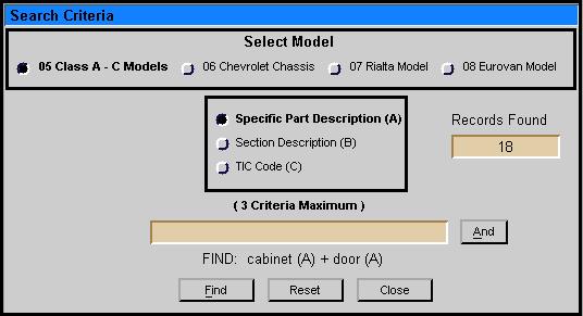 TO SEARCH FOR A TIC/LABOR TIME BY SPECIFIC PART DESCRIPTION: Select the TIC manual for the model you want to search under Select