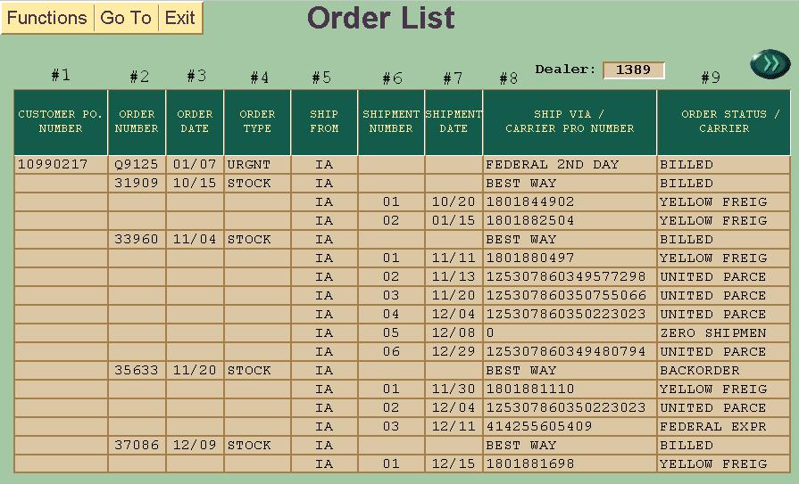 TO ACCESS THE DEALER ORDER LIST: Click on Parts Order Information and Order List on Parts Menu Screen. A screen like the above will be shown.