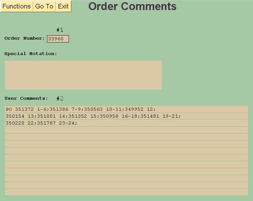TO ACCESS THE ORDER COMMENTS SCREEN: Click on Parts Order Information and Add Comments on Parts Menu Screen. A screen like below will be shown.