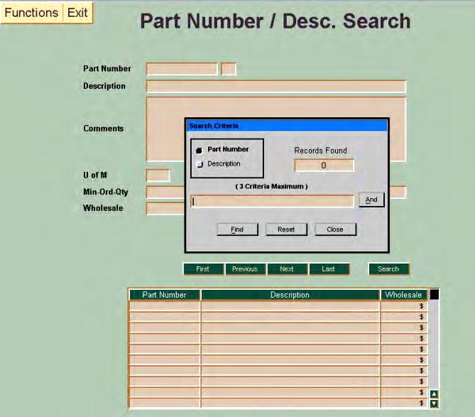 TO ACCESS THE PART NUMBER/DESCRIPTION SEARCH SCREEN: Click on Part Number/Pricing Information and Part Number/Desc. Search on Parts Dealer Menu. A screen like below will be shown.