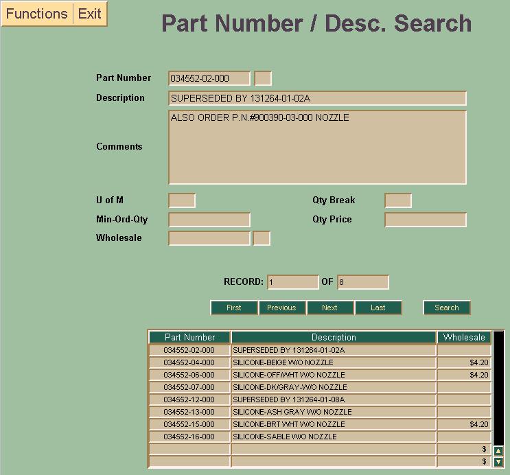 Use the First, Previous, Next, Last buttons to navigate the parts listed and to view the details on a part number.