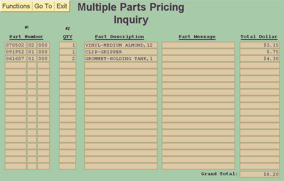 TO ACCESS MULTIPLE PARTS PRICING INQUIRY SCREEN: Click on Part Number/Pricing Information and Multiple Parts Pricing Inq. on Parts Menu Screen. A screen like below will be shown.