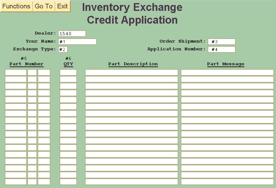 TO ACCESS INVENTORY EXCHANGE CREDIT APPLICATION SCREEN: Click on Credit Appl./Inventory Exchange and Inventory Exchange on Parts Menu Screen. A screen like below will be shown.