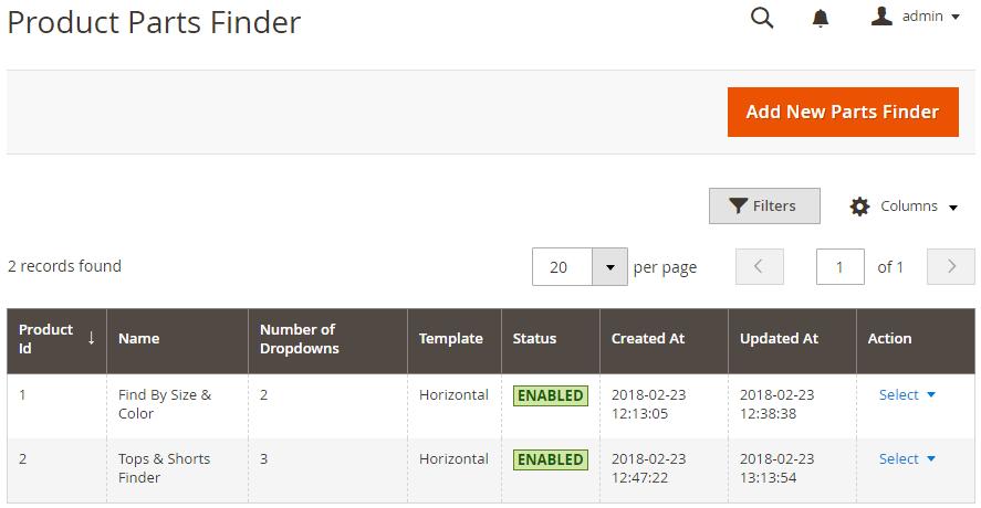 Backend Functionality: By navigating Part Finder >> Product Parts Finder you will able to see all existing product parts finders.