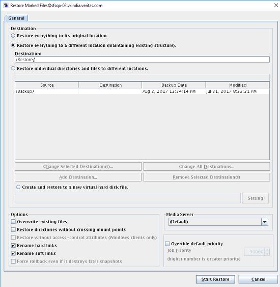 Configuring backup and restore using NetBackup policies Restoring backed up files 85 4