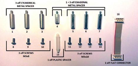 12 Optional kits Figure 19 The OM11 kit consists of the following parts (see figure below): - OM11 DeviceNet Interface module - 3 pcs metal spacers - 1 pc metal hexagonal spacer 15 mm - 3 pcs metal