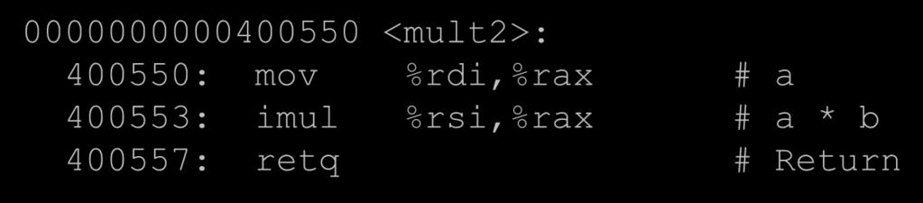 Code Examples void multstore(long x, long y, long *dest) { long t = mult2(x, y); *dest = t; 0000000000400540