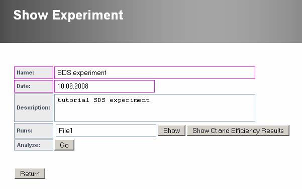 The detailed view of an experiment contains its name, creation date, description, and added runs. The Go button next to analyze sends the user to the analyze setup page.