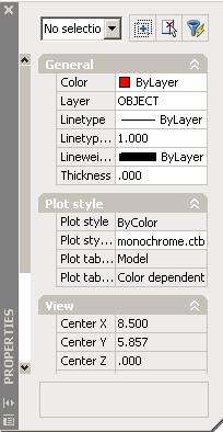 PALETTES There are two types of Palettes within AutoCAD. The first type has been pre-designed by AutoCAD. An example of a pre-designed palette would be the Properties Palette shown below.
