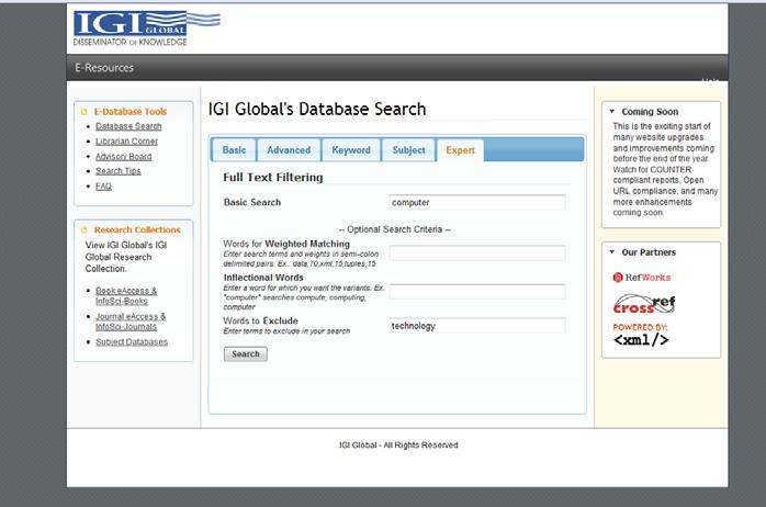 Figure 15: Advanced Search Exclude Example Librarian Corner IGI Global has built administrative tools to enhance the experience of library personnel so they can download their own COUNTER complaint