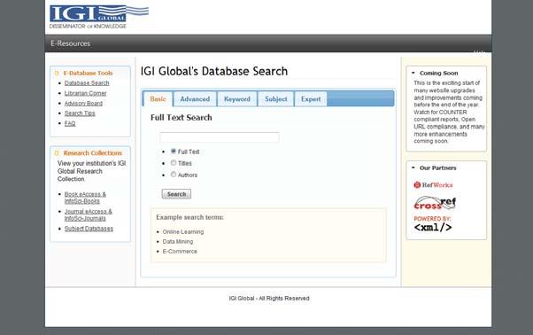 Figure 1: IGI Global's Gateway Entry Page Gateway Basic Features IGI Global s XML powered Gateway has several features that you will see throughout the system.