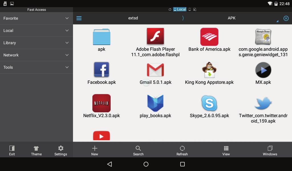 ES file explorer In the main menu interface, you can manage your files and install APK software with ES File Explorer.
