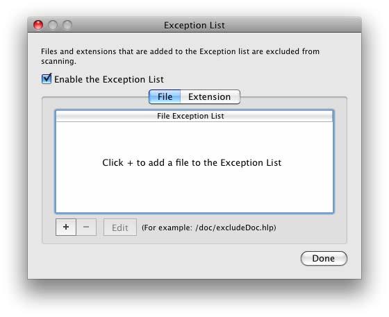 Trend Micro Security for Macintosh User s Guide 5. Select either the File or the Extension tab. FIGURE 4-8 Scan Exception List with the File tab selected 6.