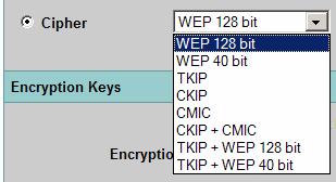 Cipher Suites Compatible with WPA and CCKM Authenticated Key Management Types Compatible Cipher Suites CCKM encryption mode cipher wep128 encryption mode cipher wep40 encryption mode cipher ckip