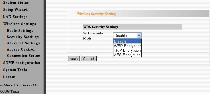 WDS security setting provides three encryption modes: WEP encryption, TKIP encryption and AES encryption. WEP Key: You can set the WEP key in ASCII code or Hexadecimal code.