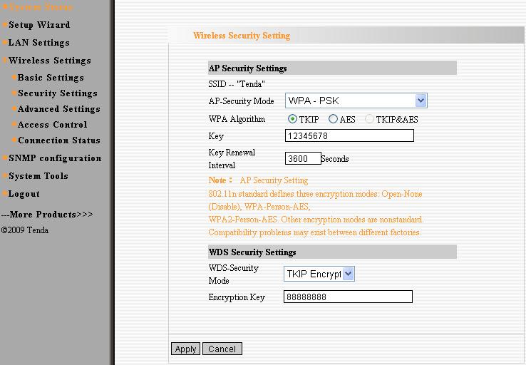 The security setup page of wireless repeater is as follows: Security setting of wireless repeater can be divided into AP security setting and WDS security setting.