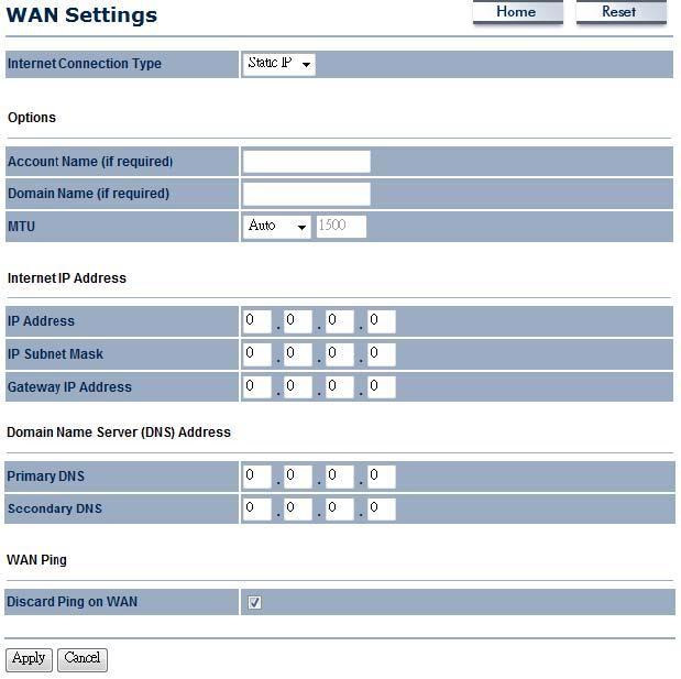 6.1 Router WAN Settings There are four different types of WAN connection: Static IP, DHCP, PPPoE and PPTP. Please contact your ISP to select the connection type. 6.1.1