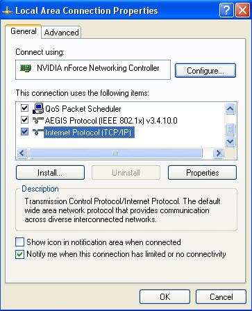iii. In Local Area Connection Properties window, select Internet