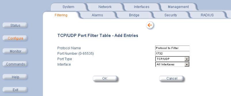 Filtering Adding TCP/UDP Port Filters 1. Place a check mark in the box labeled Enable TCP/UDP Port Filtering. 2. Click Add under the TCP/UDP Port Filter Table heading. Figure 4-13: 3.