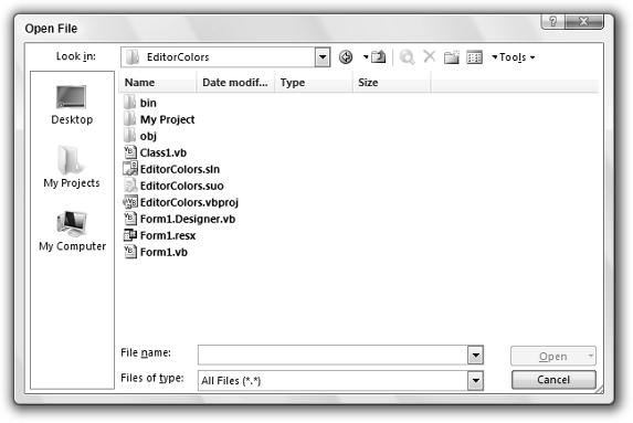 Chapter 1: IDE Figure 1-5: The Open File dialog box lets you select files to view and edit. Add This submenu lets you add new items to the current solution.