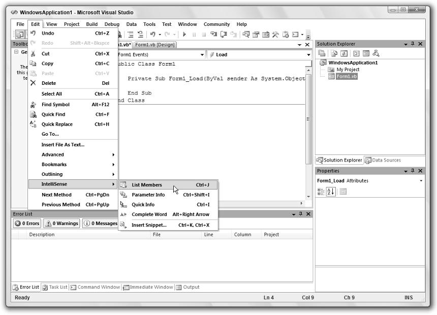 Chapter 1: IDE Figure 1-7: The Edit menu holds commands that deal with manipulating text and other objects.