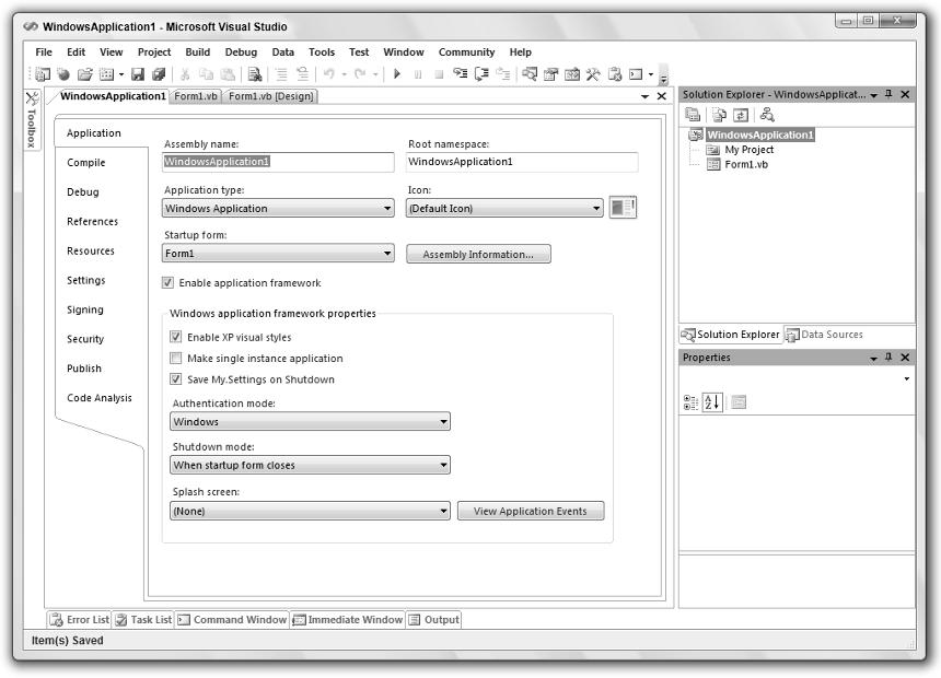 Chapter 1: IDE Figure 1-14: Property pages let you set a project s properties. Click the tabs on the left to view and modify different types of application settings.